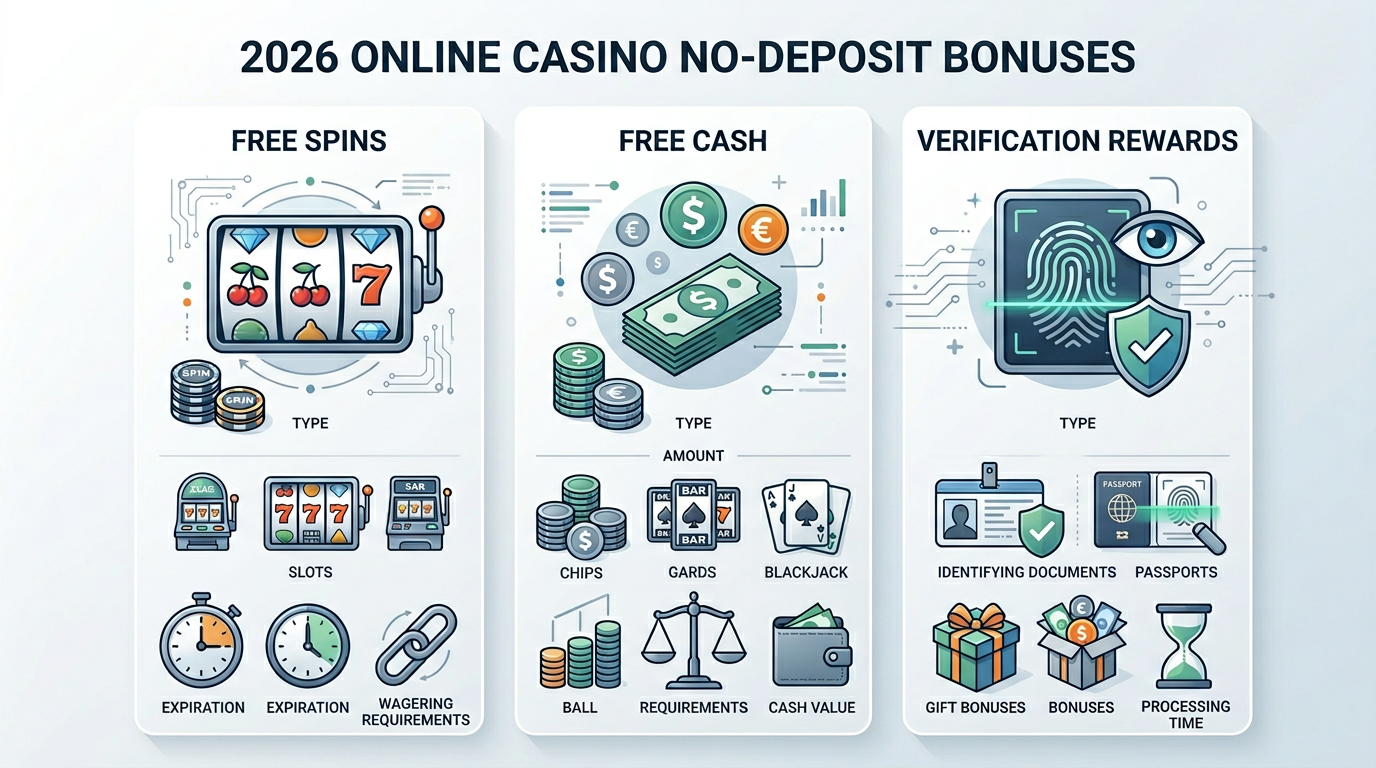 Infografika porównująca rodzaje bonusów bez depozytu w kasynach online 2026